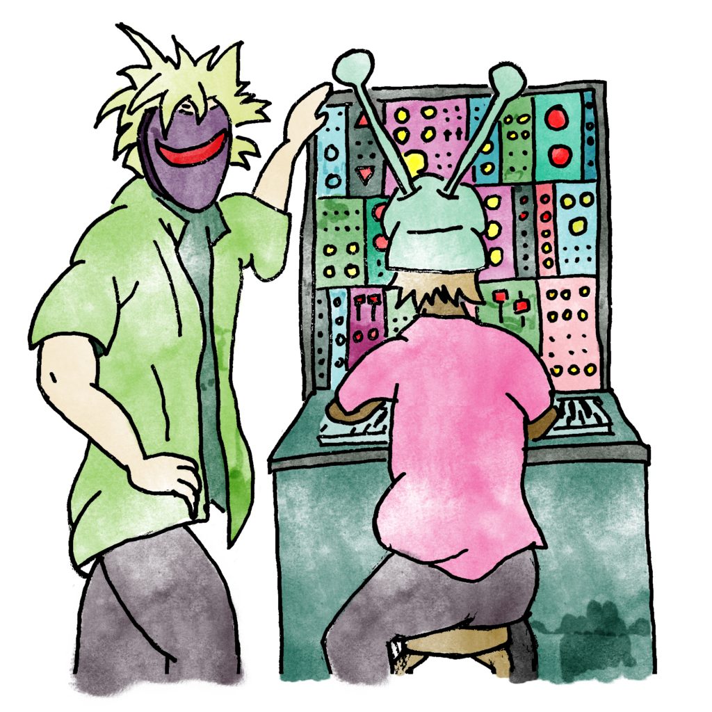 Illustration of two people at a modular synth jamming.