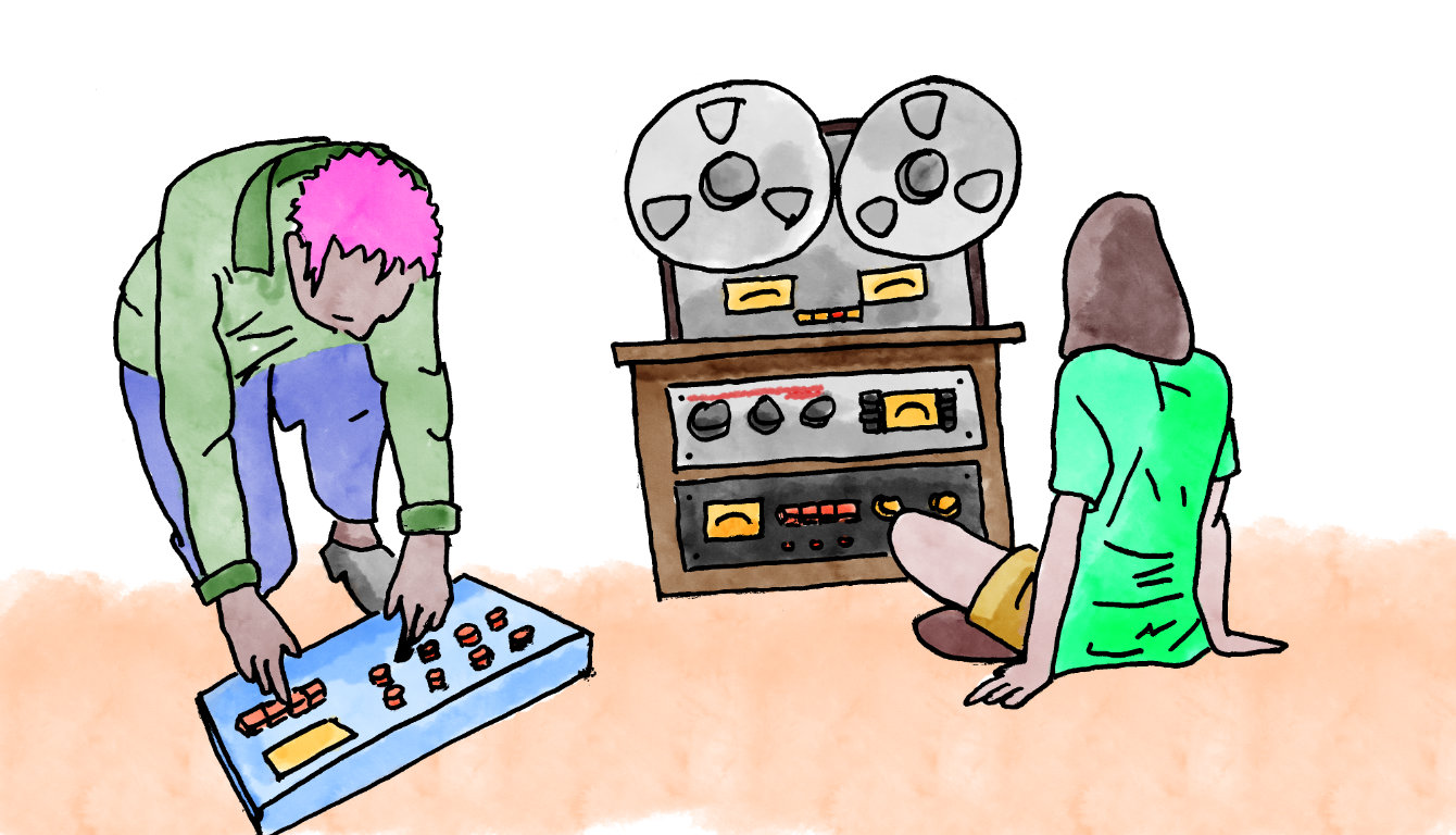 Illustration of people playing synths and reel to reels